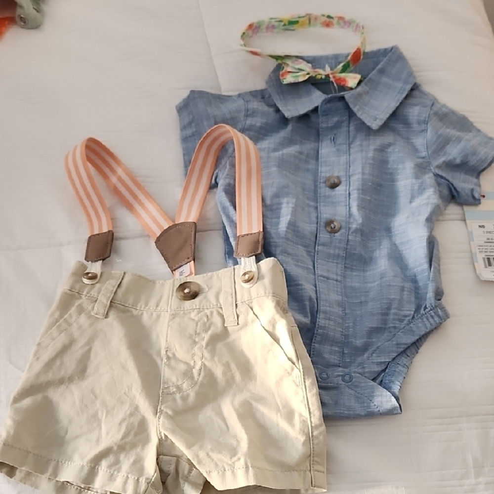 Blue Button-Up Onesie with Beige Shorts and Bow Tie